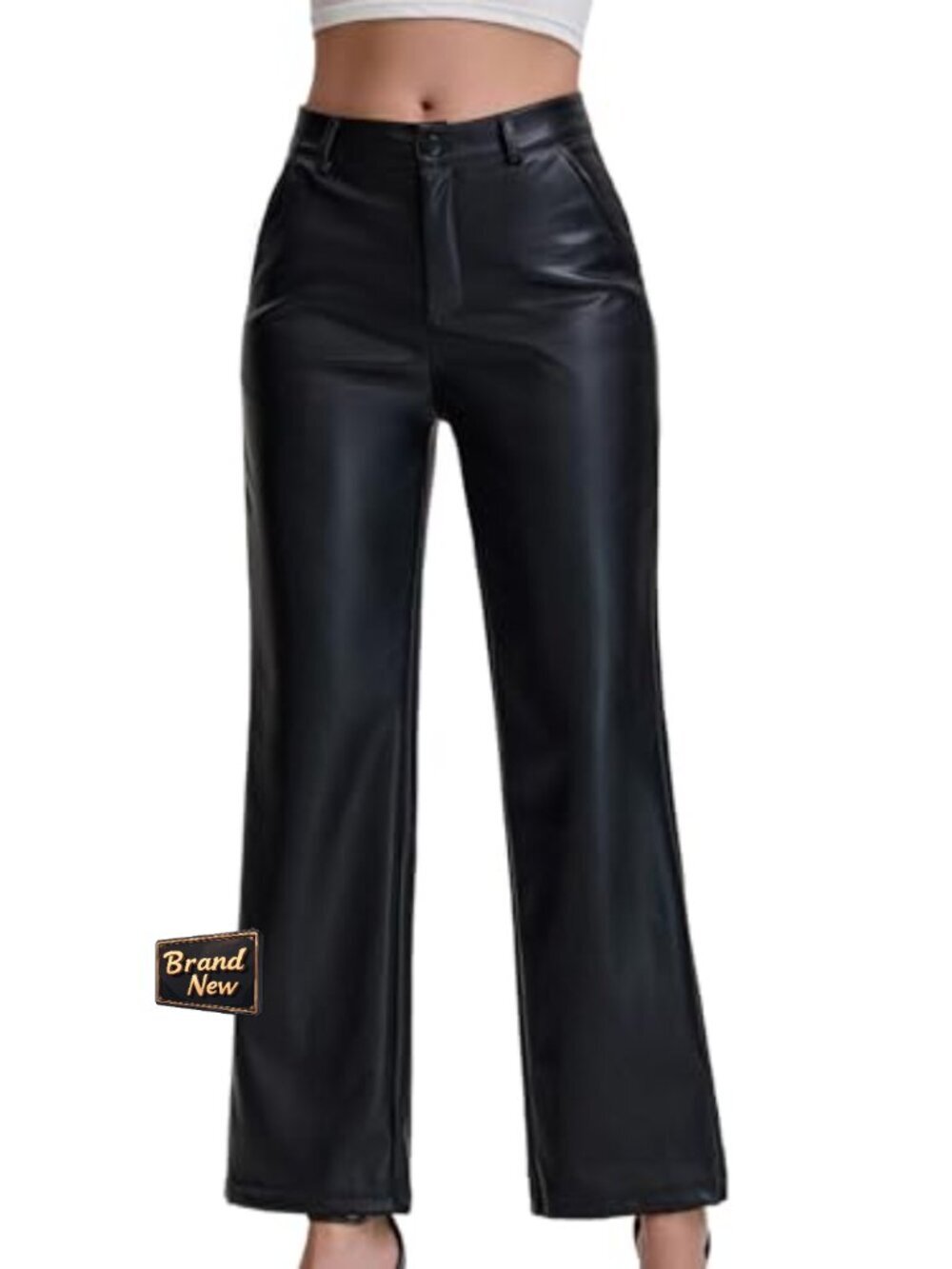 High Waist Faux Leather PU Straight Leg Wide Leg Trousers Pockets - Picture 2 of 7